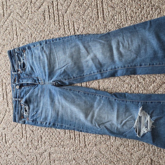 American Eagle Super Hi Rise Flare Jeans Size 2 X-Long Distressed - Picture 2 of 9